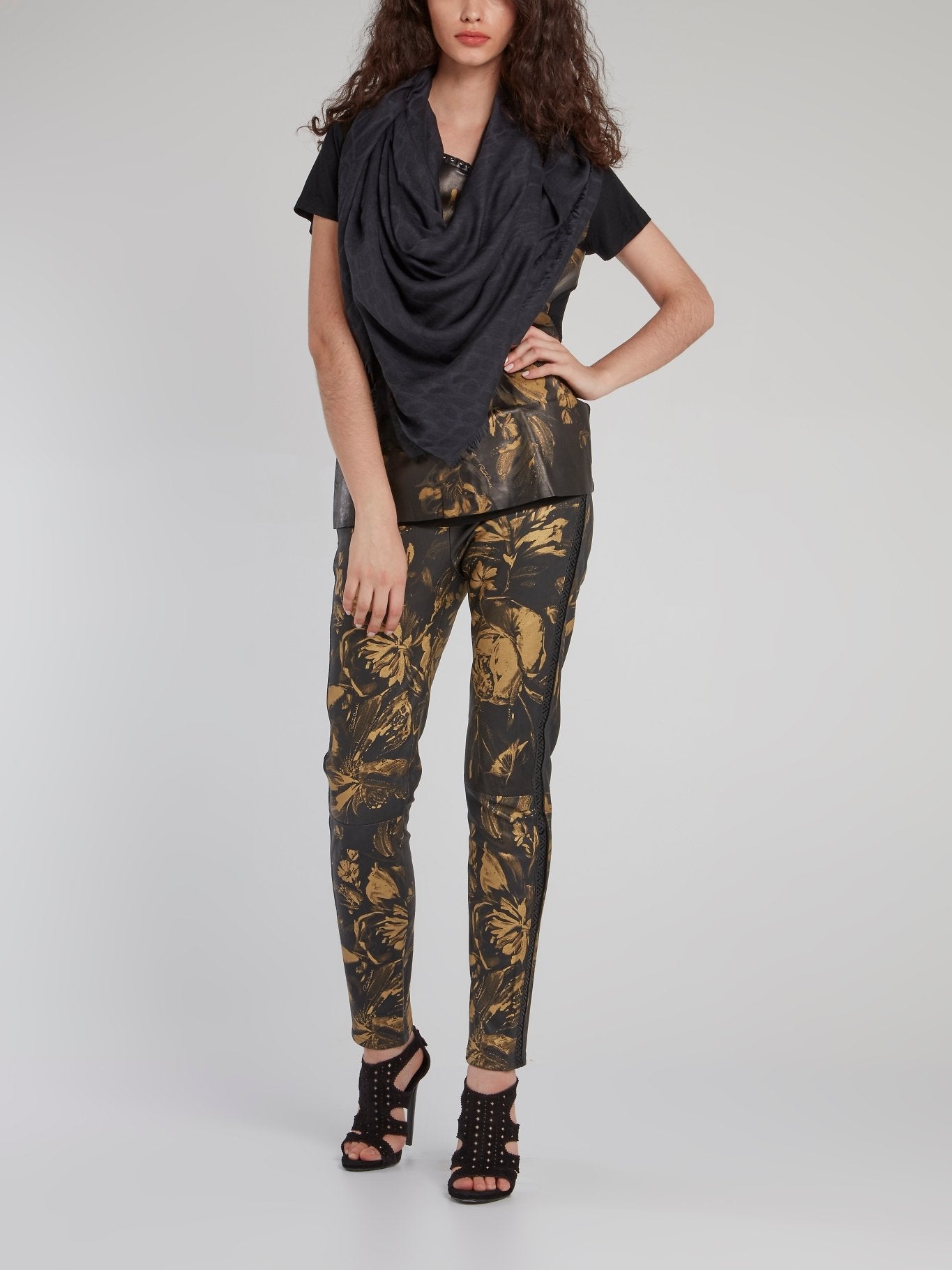 Gold Floral Print Leather Trousers