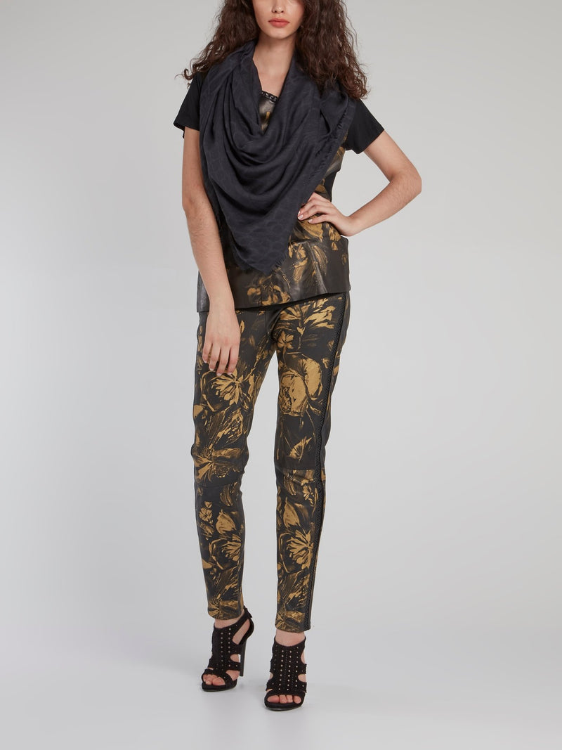 Gold Floral Print Leather Panel T-Shirt