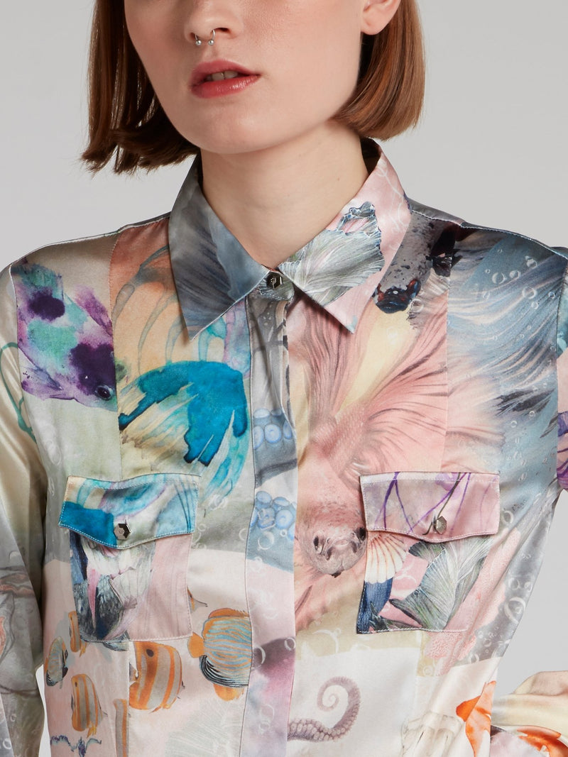 Ocean Print Pleated Shirt Dress