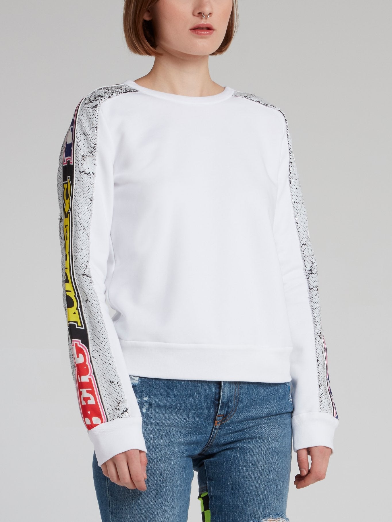 White Logo Sequin Sleeve Sweatshirt Maison B More Global Store