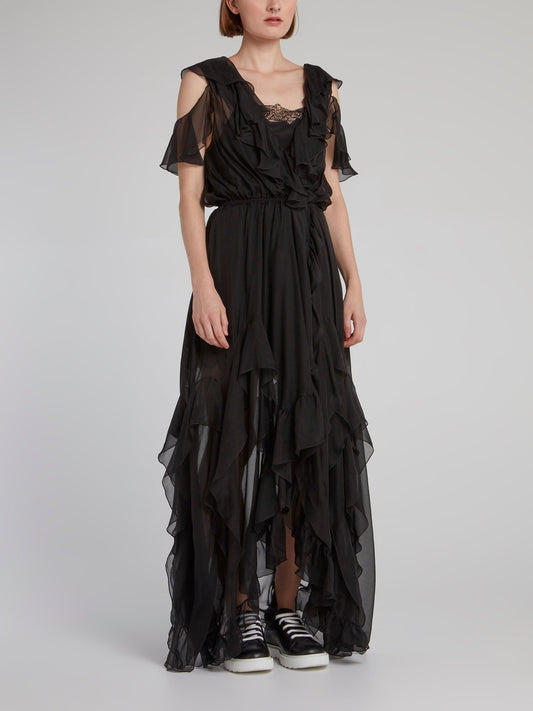 Черное асимметричное платье с открытыми плечами и оборками