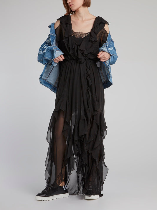 Черное асимметричное платье с открытыми плечами и оборками