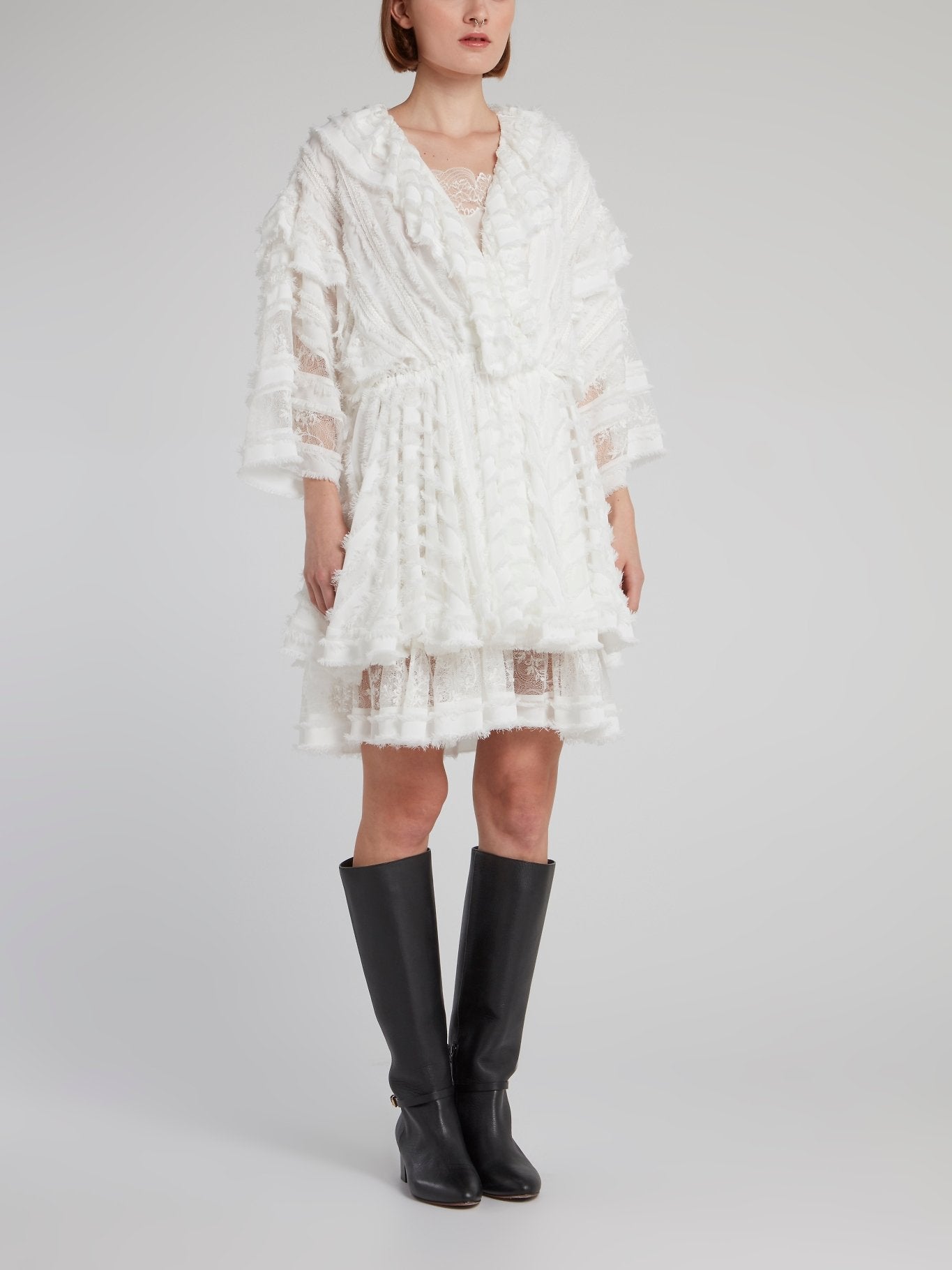 White Frayed Detail Lace Mini Dress