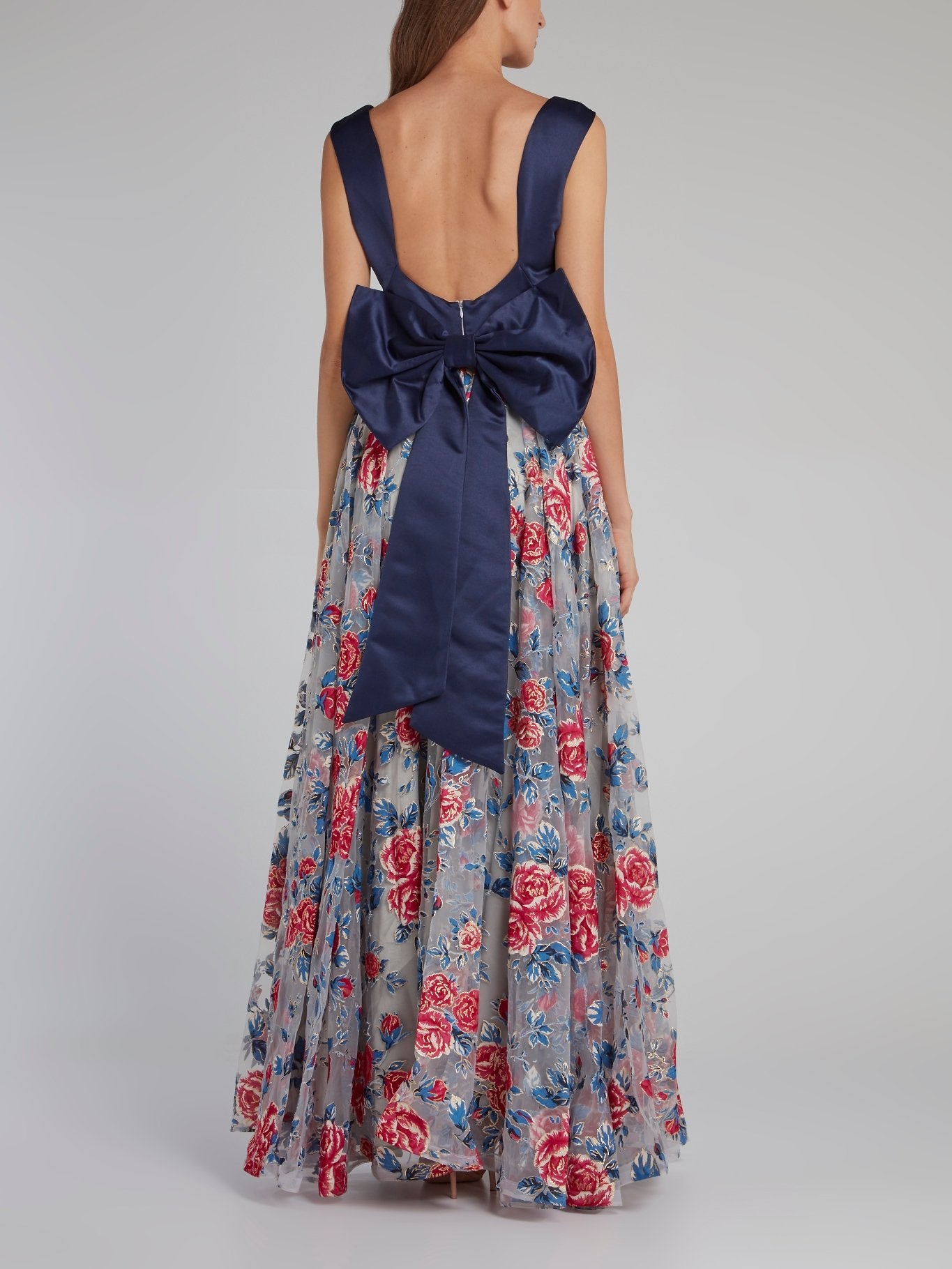 Платье с темно-синим лифом, бантом и цветочным принтом