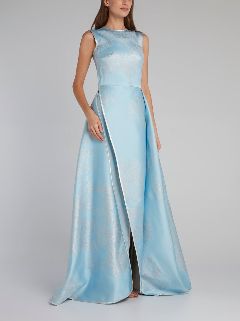 Blue Floral Flared Slit Gown