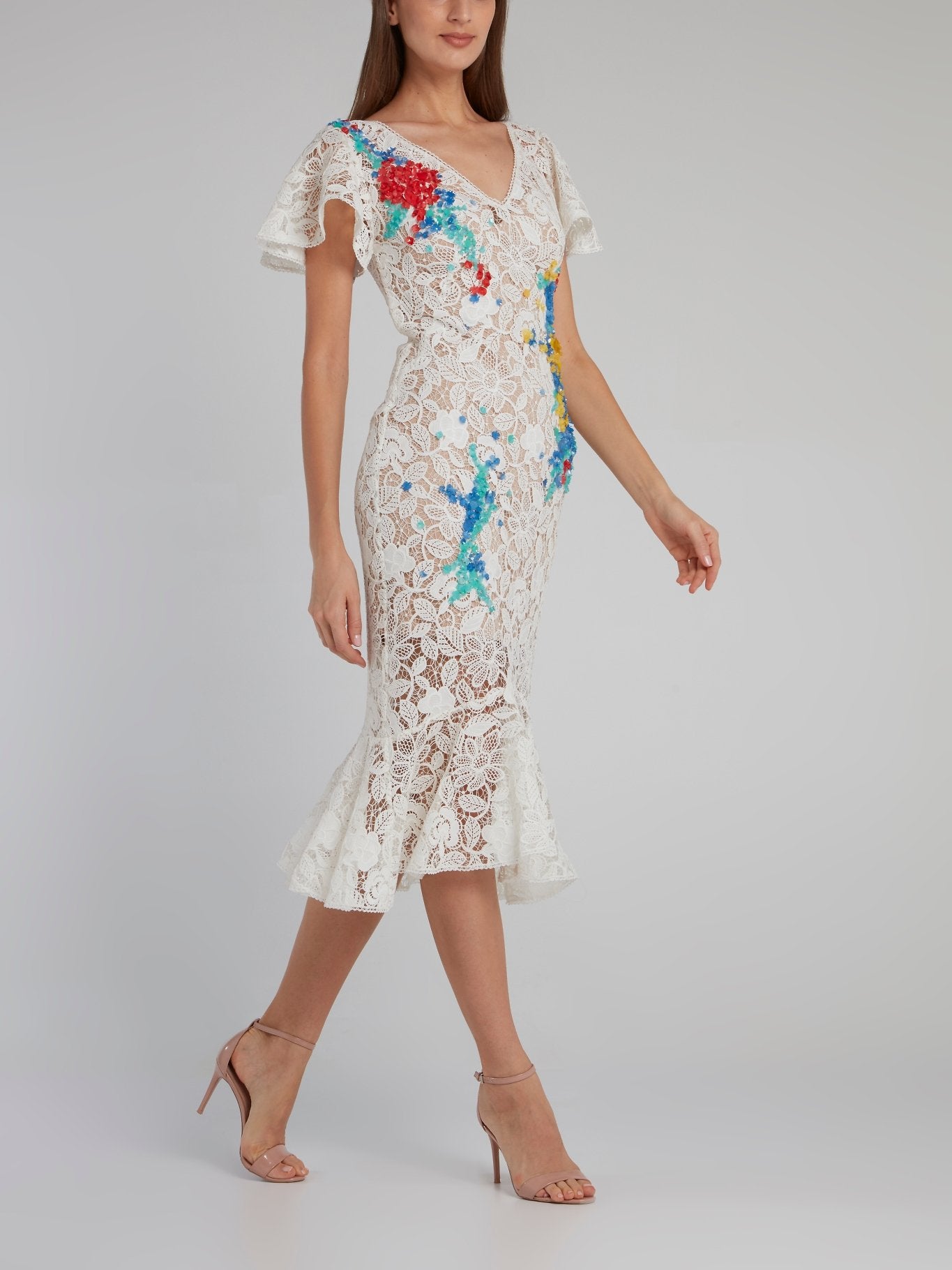 Gemy Floral Embellished Mermaid Midi Dress 38 / White Gemy Floral Embellished Mermaid Midi Dress 38 / White