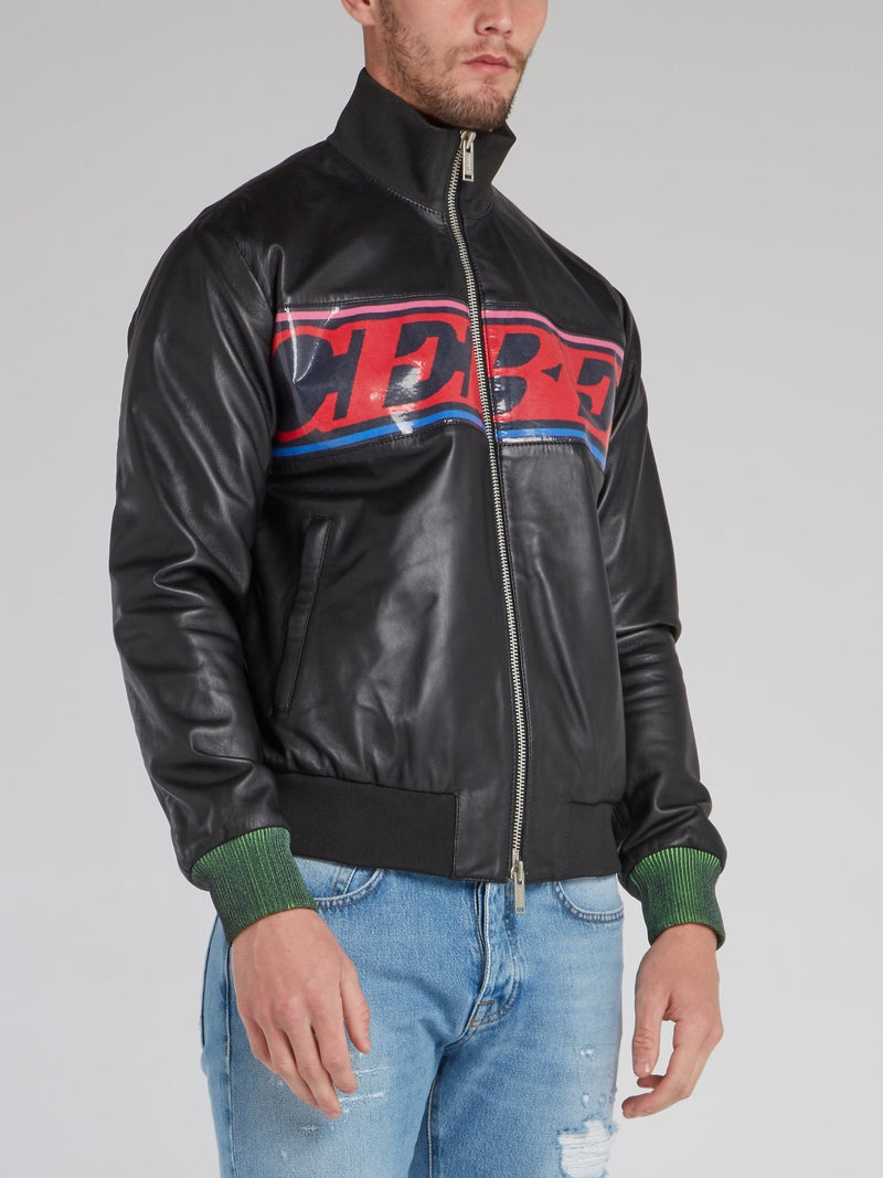 Black Ribbed Edge Logo Leather Jacket