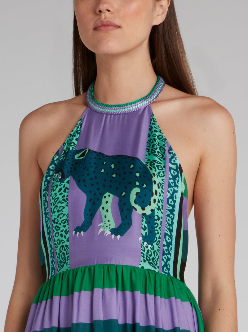 Leopard Print Stripe Halter Dress