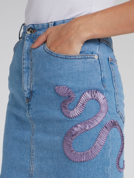 Snake Detail Frayed Denim Skirt