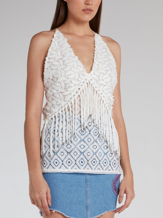 White Feather Detail Fringe Cami Top