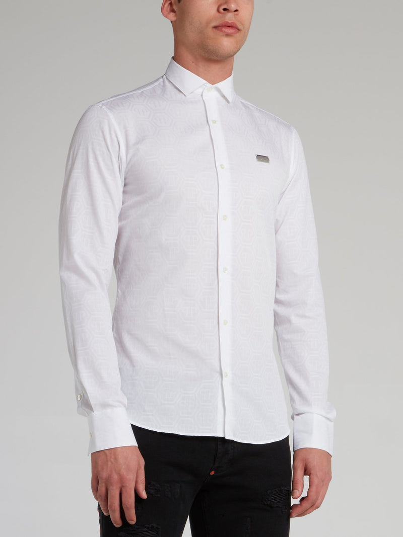 White Monogram Print Button Up Shirt