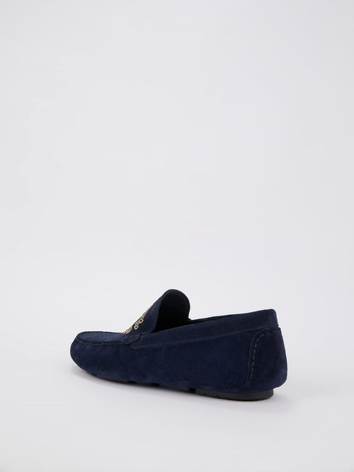 Navy Studded Monogram Suede Loafers