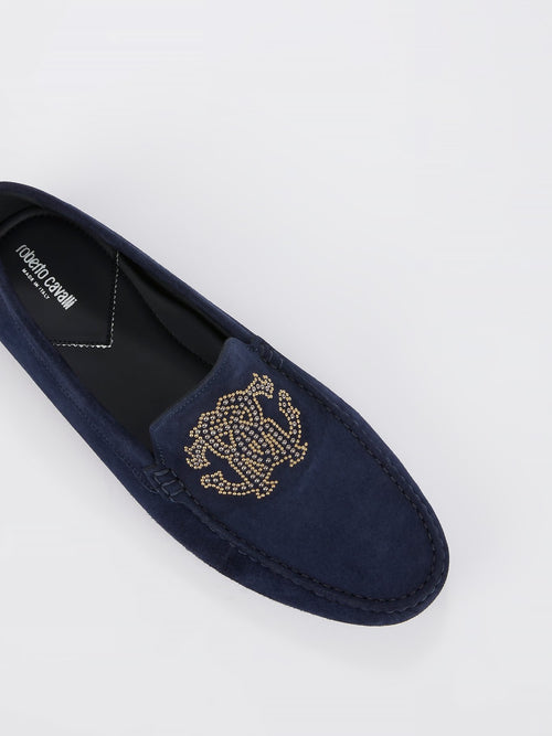 Navy Studded Monogram Suede Loafers
