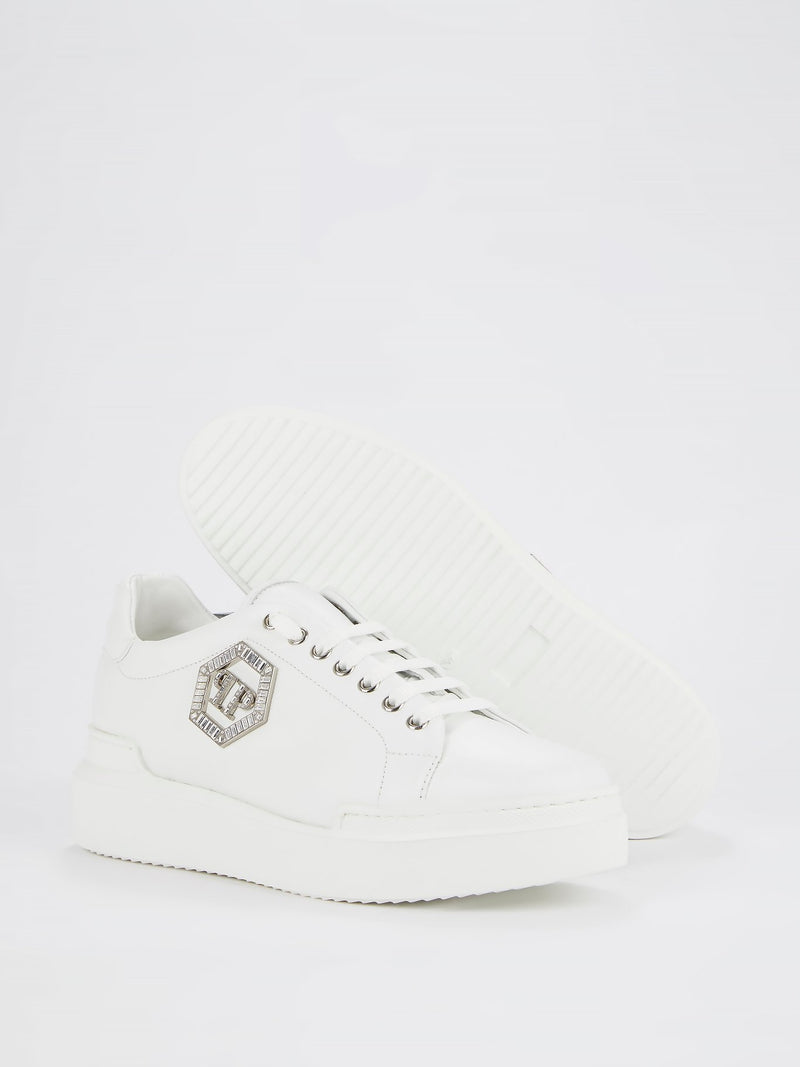 White Crystal Monogram Leather Sneakers