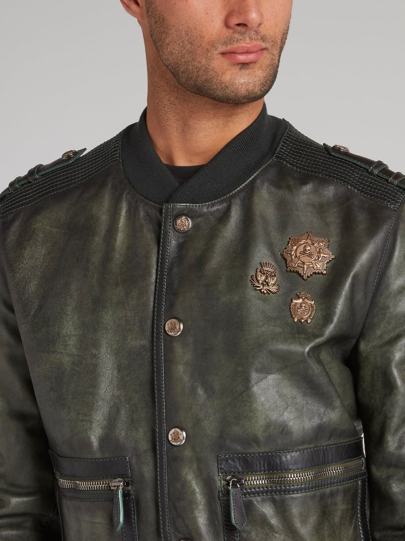 Olive Rustic Leather Military Jacket