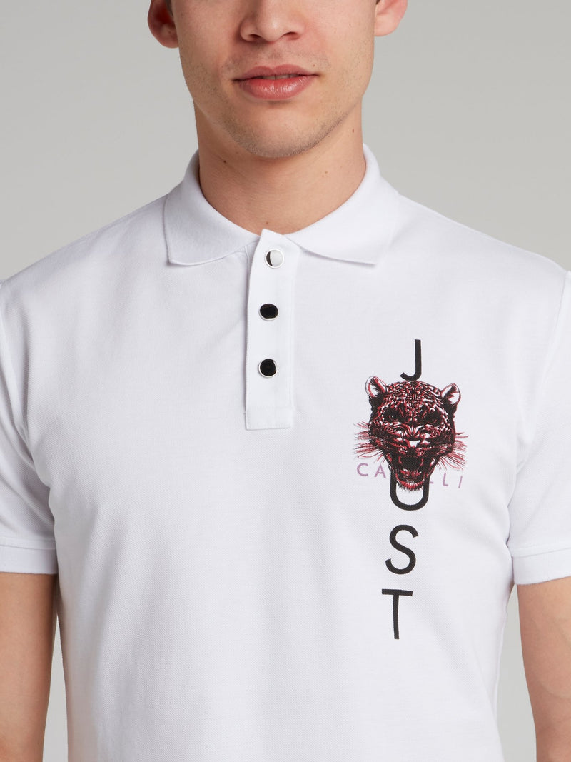 White Leopard Head Print Polo Shirt