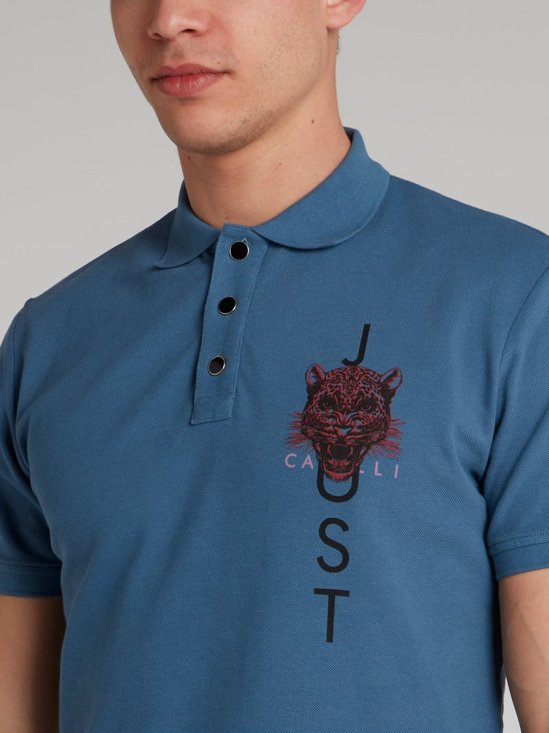 Blue Leopard Head Print Polo Shirt