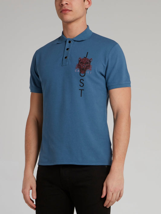 Blue Leopard Head Print Polo Shirt