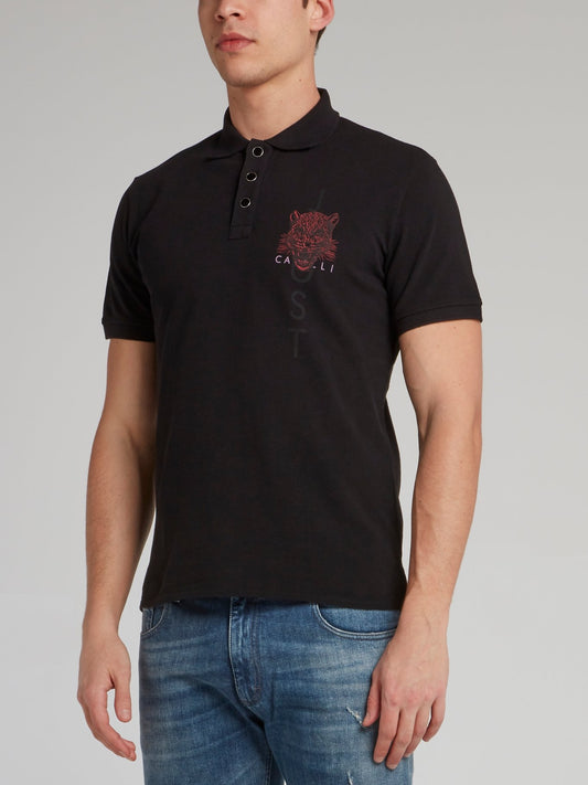 Black Leopard Head Print Polo Shirt