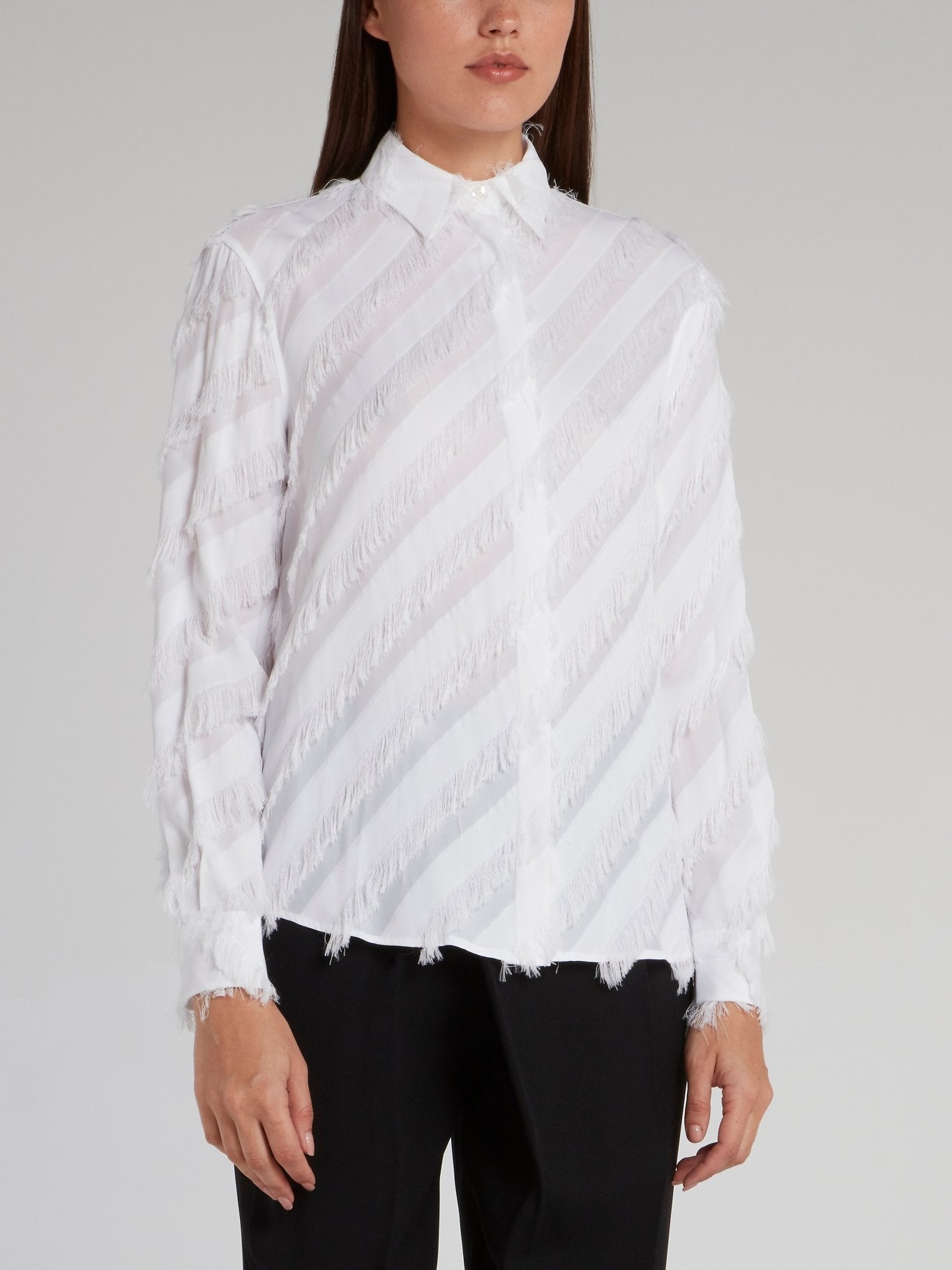 White Diagonal Striped Tassel Shirt