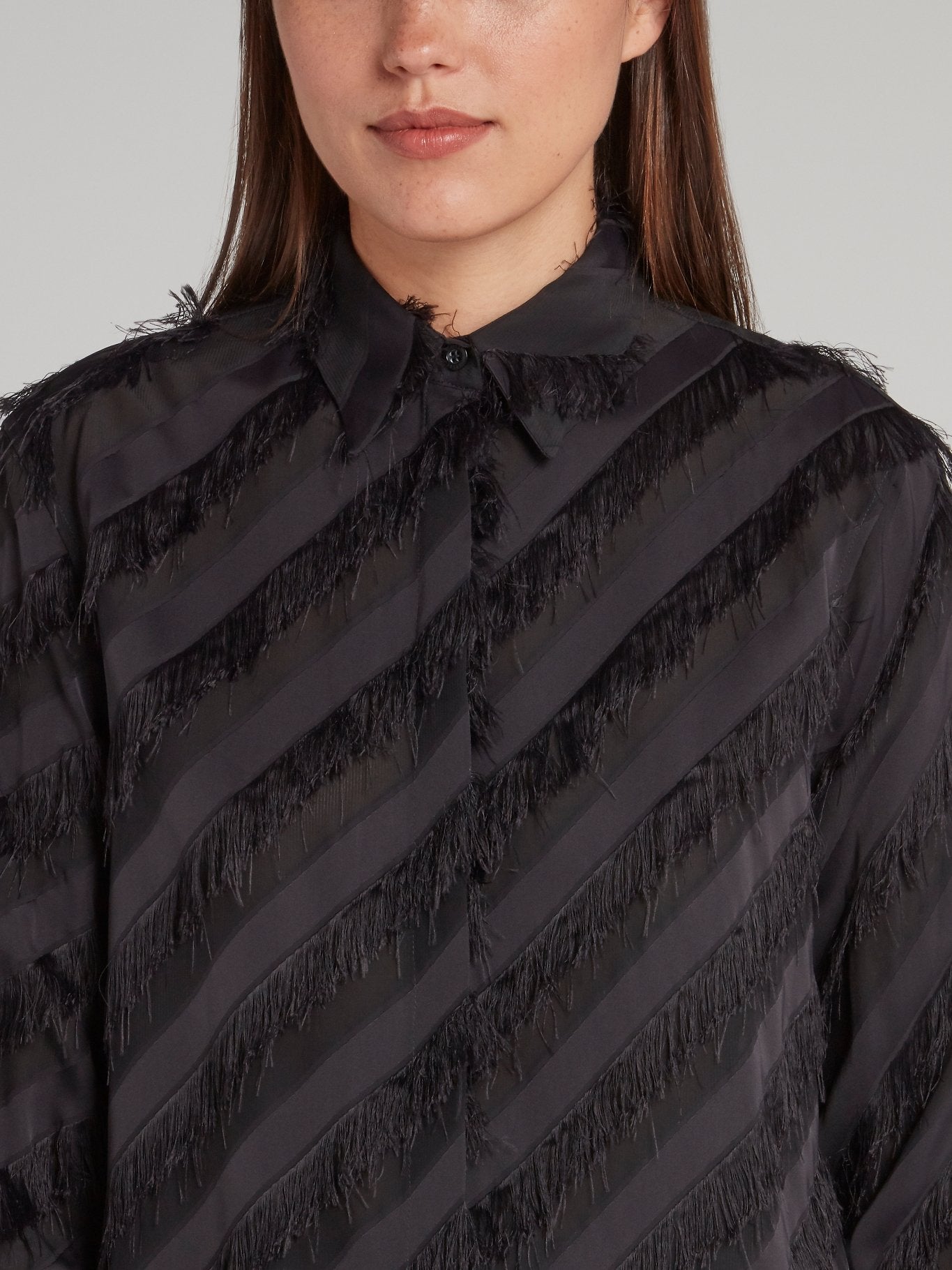 Black Diagonal Striped Tassel Shirt