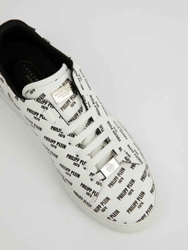 Yaeger White Monogram Print Low Top Sneakers