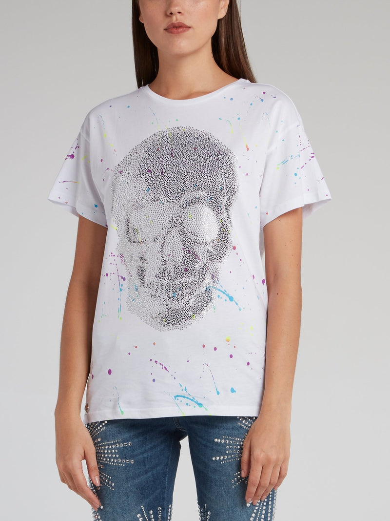 White Paint Splatter Skull T-Shirt