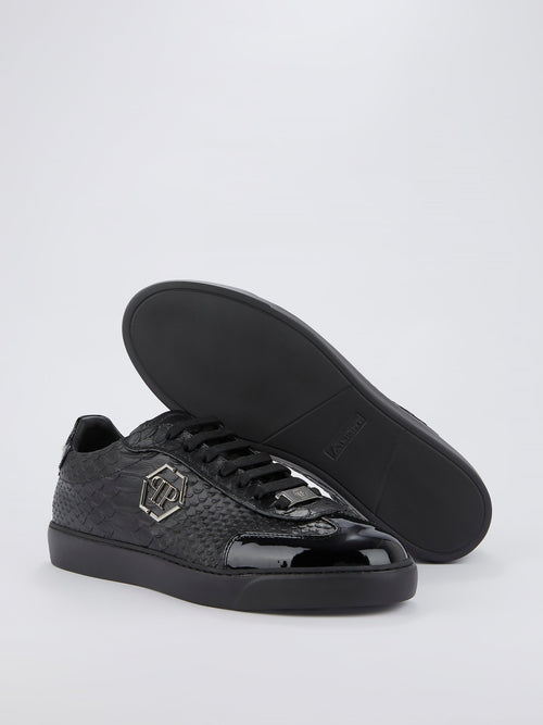 Black Crocodile Effect Leather Sneakers