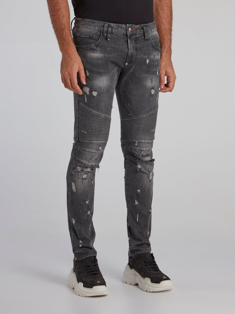 Grey Distressed Biker Jeans