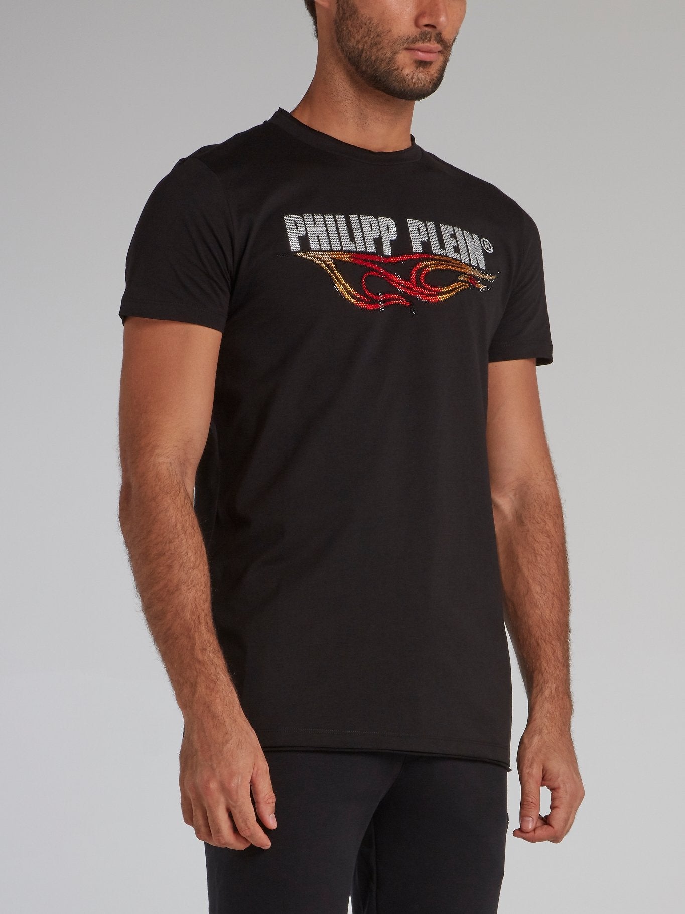 Black Studded Logo Flame T-Shirt