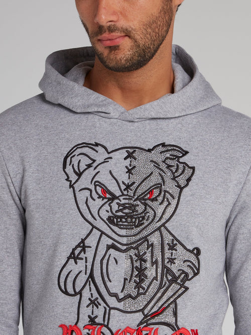 Grey Embellished Bear Hoodie Sweatshirt
