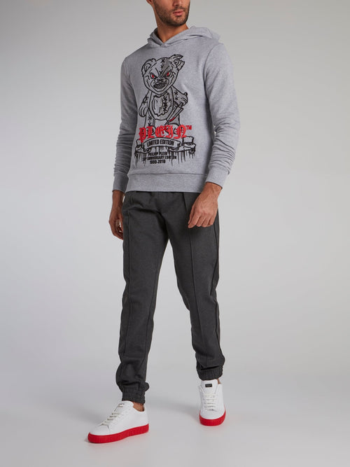 Grey Embellished Bear Hoodie Sweatshirt