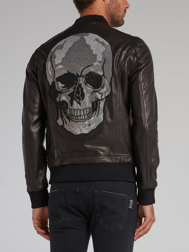 Black Skull Leather Bomber Jacket