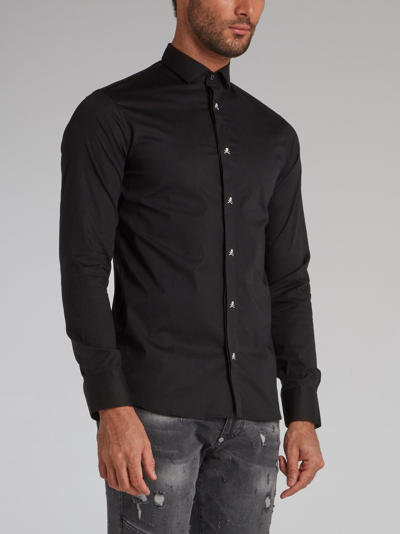 Black Skull Embellished Button Up Shirt