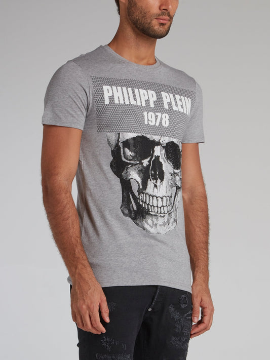 Grey Studded Skull Logo T-Shirt