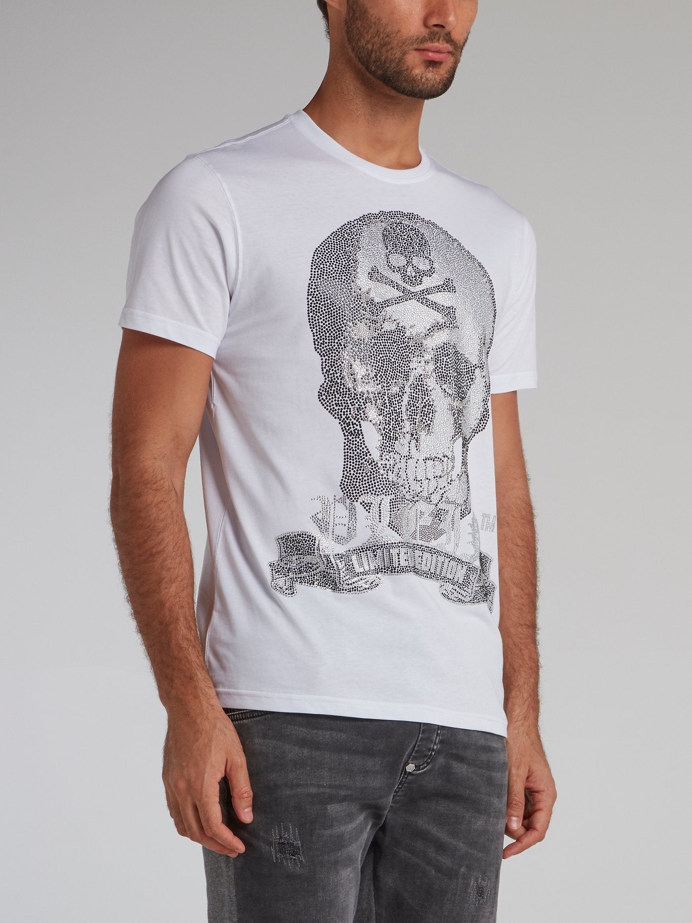 White Multi-Stud Platinum Skull T-Shirt