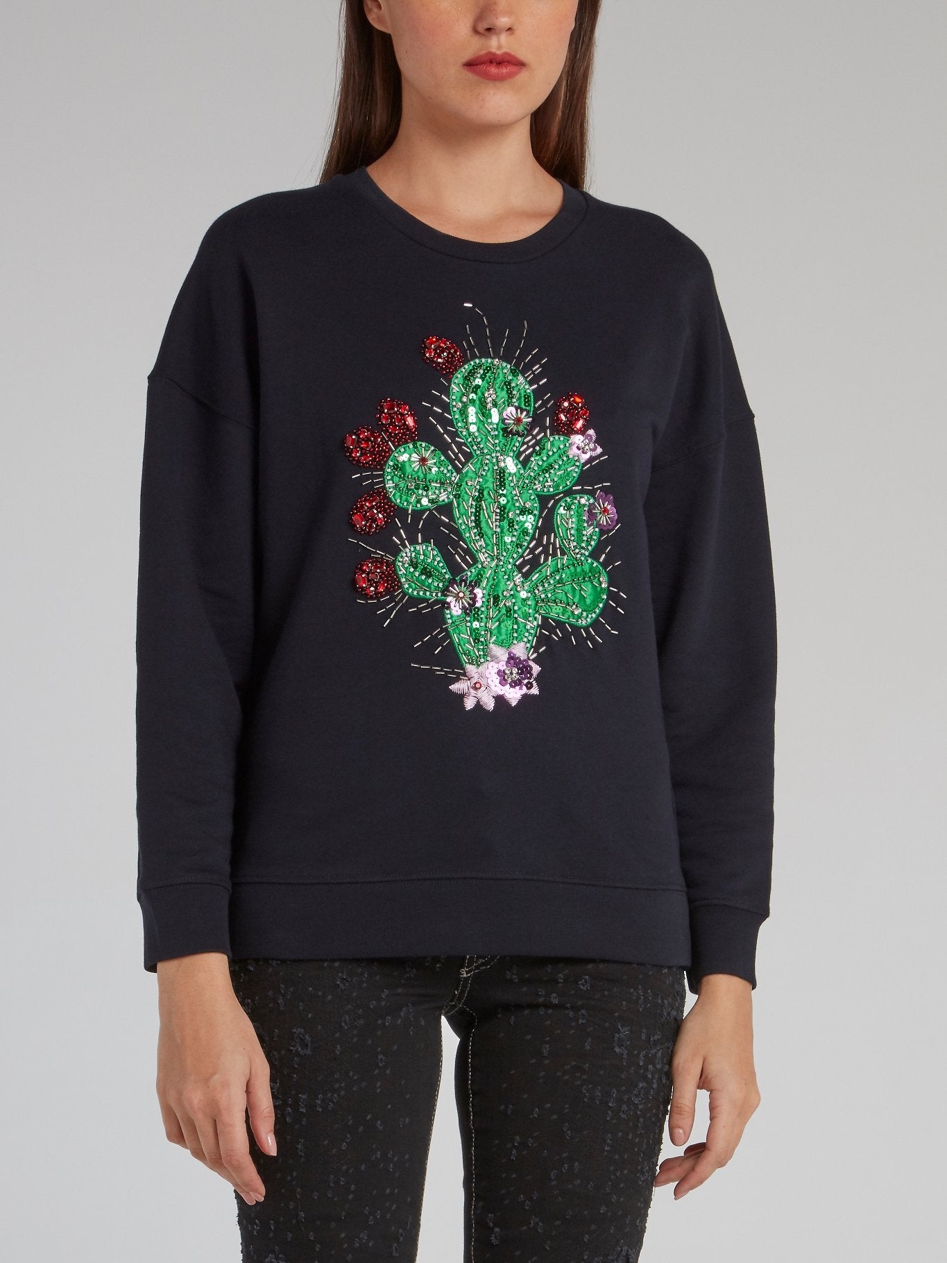 Navy Beadwork Cactus Sweatshirt