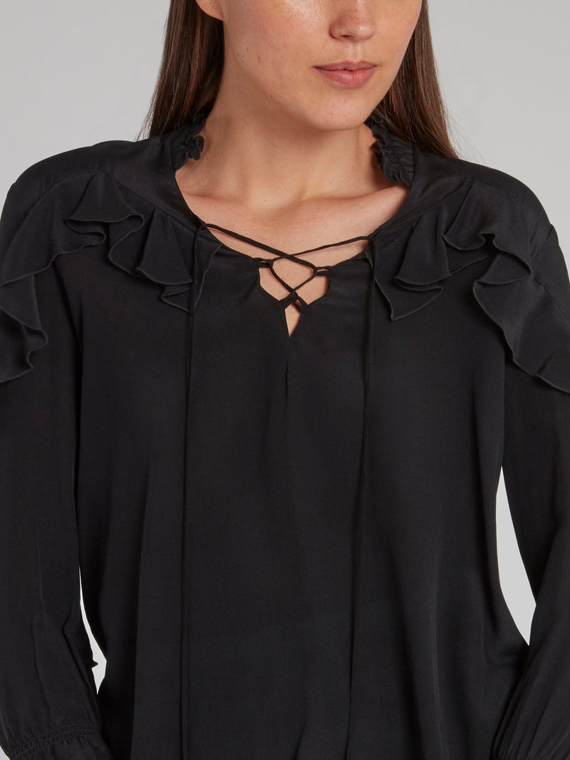 Black Lace Up Frill Top
