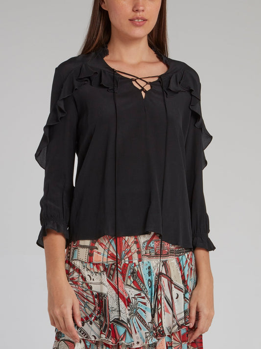 Black Lace Up Frill Top