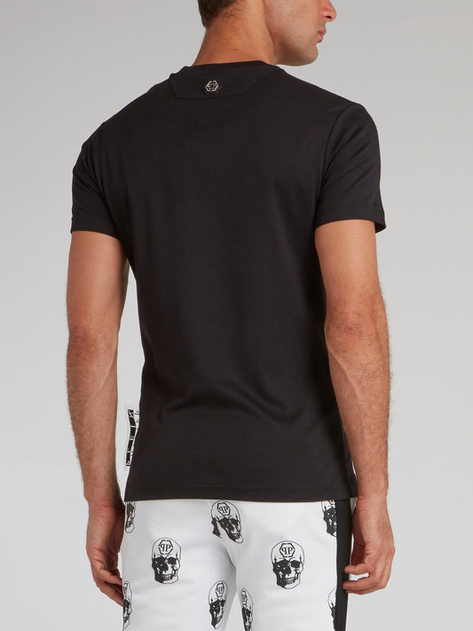 Black Embroidered Monogram V-Neck T-Shirt