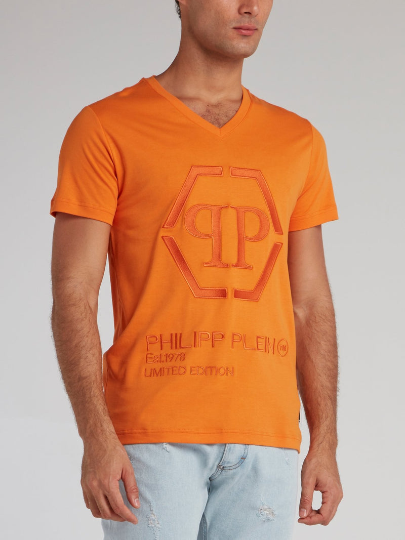 Orange Embroidered Monogram V-Neck T-Shirt
