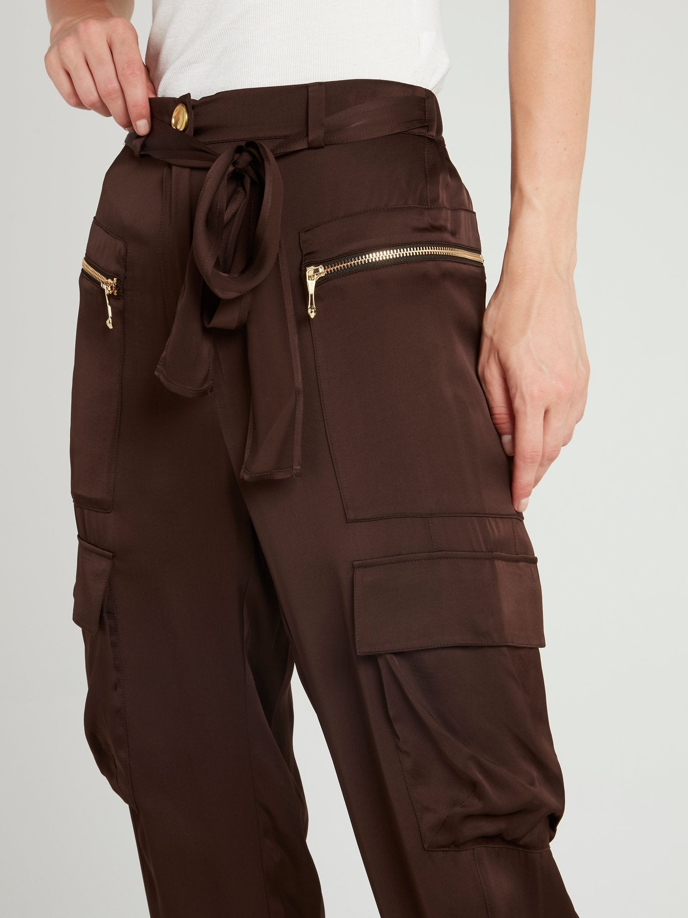 Brown Tie Front Cargo Pants