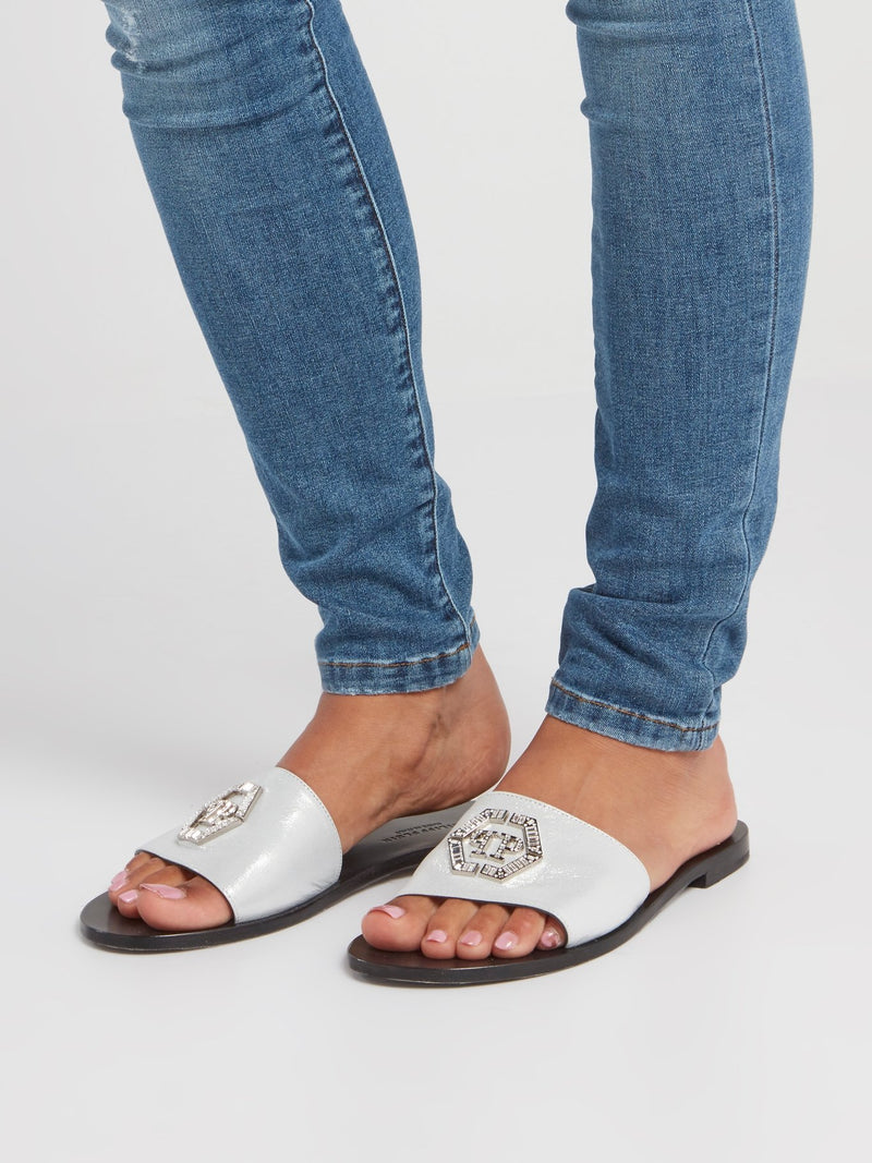 Silver Monogram Flat Sandals