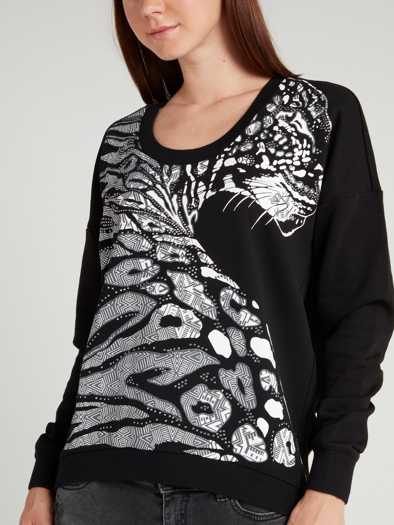 Black Leopard Print Studded Sweatshirt