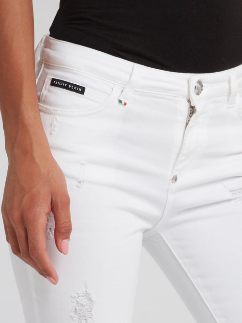 White Distressed Slim Fit Jeans