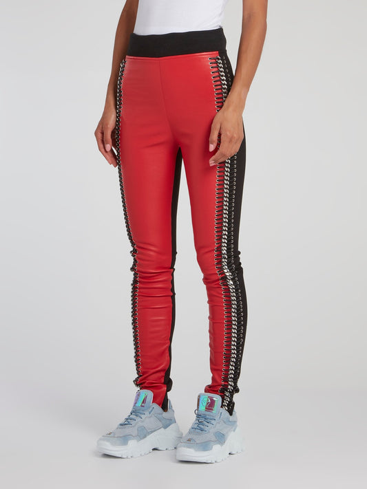 Red Chain Detail Leather Trousers