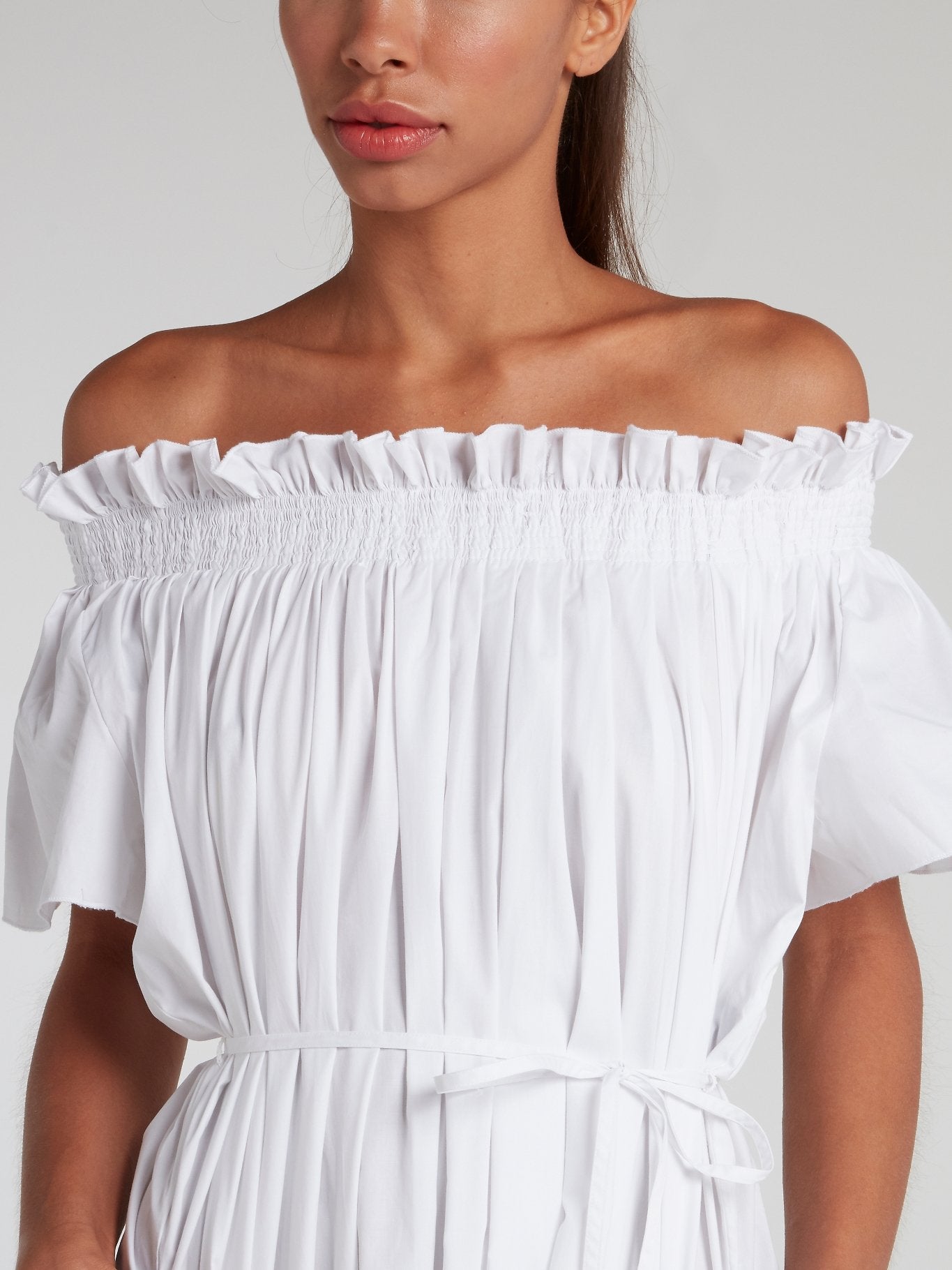 white smocked off the shoulder dress Reformation Smocked Off The Shoulder Dress