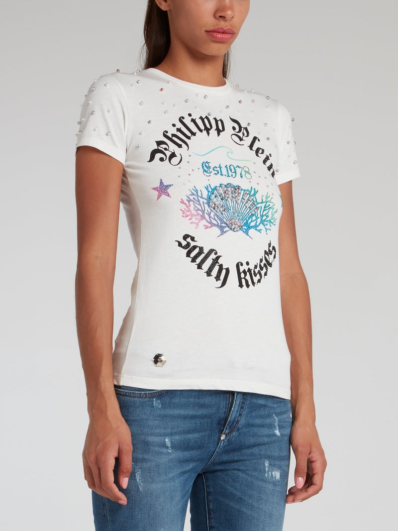 White Pearl Embellished Statement T-Shirt