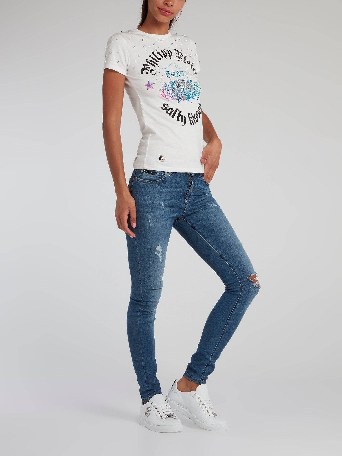 White Pearl Embellished Statement T-Shirt