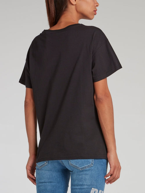 Black Oversized Cap Sleeve Logo T-Shirt
